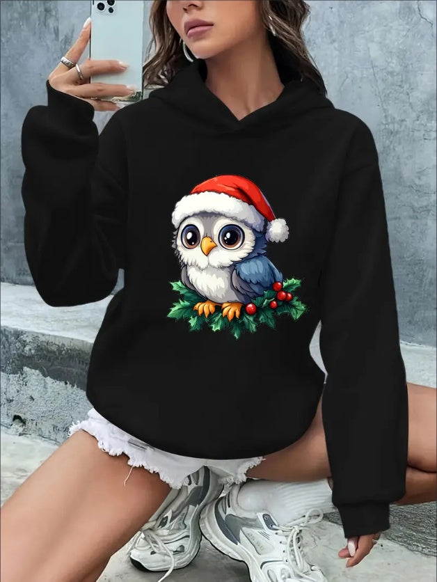 Women'S Christmas Owl Graphic Hoodie -  Polyester Casual Hooded Sweatshirt With Rib-Knit Details, Festive Animal & Holiday Print For Fall Winter