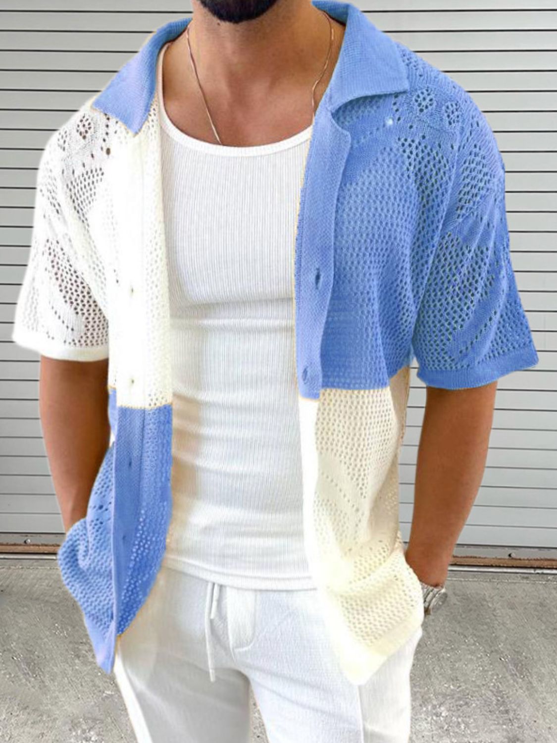 Men's Contrast Button Down Hollow Out Shirt