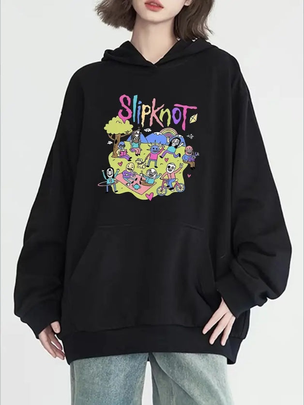 Women's Trendy Cartoon Print Hoodie - Casual Pullover With Pockets, Long Sleeve & Round Neck, Perfect For Fall & Winter