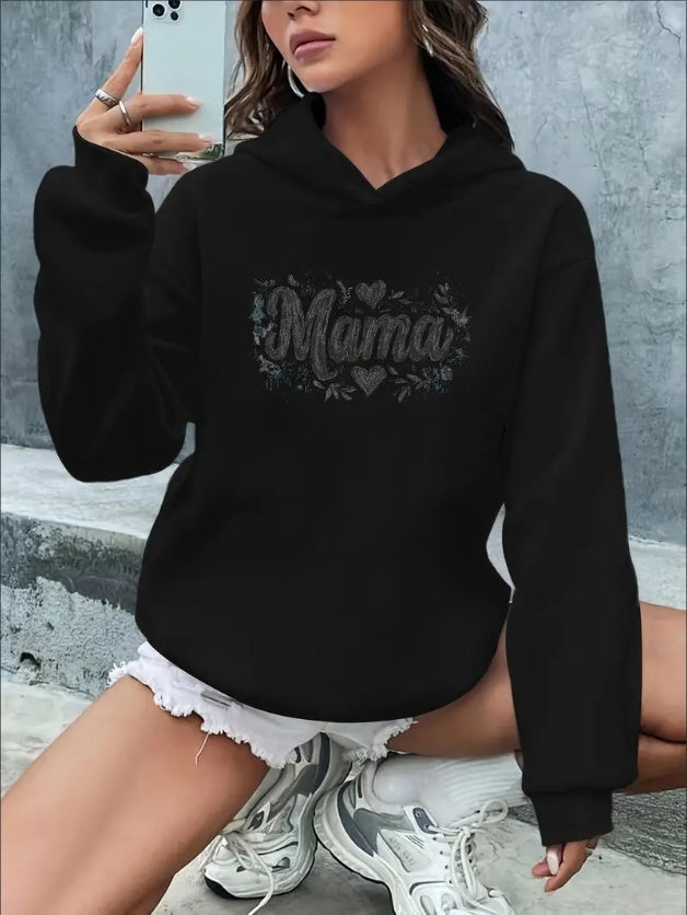 Women'S Casual Polyester Hoodie With Mama Letter & Floral Graphic Print, Rib-Knit Hooded Sweatshirt, Knit Fabric, Fall Winter Collection