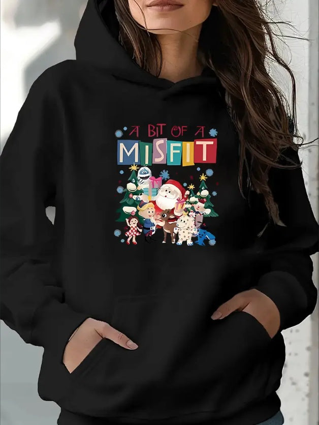 Women'S Christmas Themed Hoodie With Festive Friends And Santa Print, Casual Polyester Hooded Sweatshirt, With Kangaroo Pocket, For All Seasons
