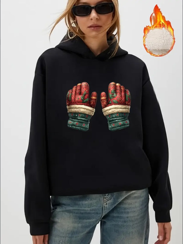 Women'S Christmas Glove Print Hoodie - Casual  With Hood, Festive Animal & Food Patterns, Fall Winter Collection