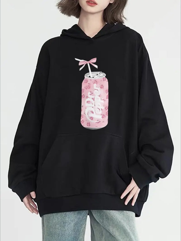 Women's Casual Pink Can Print Hoodie - Long Sleeve, Round Neck With Pockets, Cozy Pullover For Fall & Winter