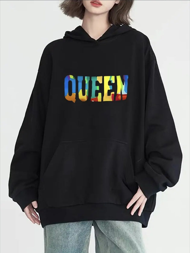 Women's Fashion Colorful Queen Pattern Print Hoodie, Long Sleeve, Round Neck, With Pocket, Casual Pullover Sweatshirt, Unisex-Adult, All-Season