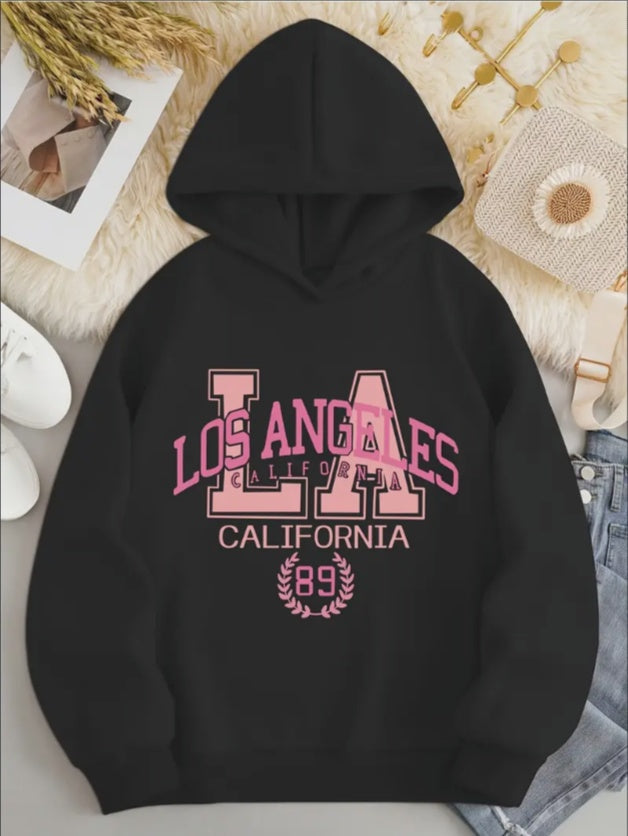 Los Angeles California Graphic Print Hoodie -  Polyester Casual Style Pullover With Hood, Rib-Knit Detail - Fall Winter Collection For Women - Knit Fabric Hooded Sweatshirt With Trendy Patterns