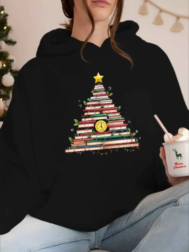 Christmas Tree Made Of Books Print Kangaroo Pocket Hoodie, Casual Long Sleeve Hooded Sweatshirt, Women's Clothing