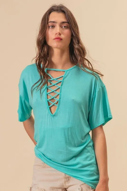BiBi Jersey Knit Top with Criss Cross Front Neck Detail