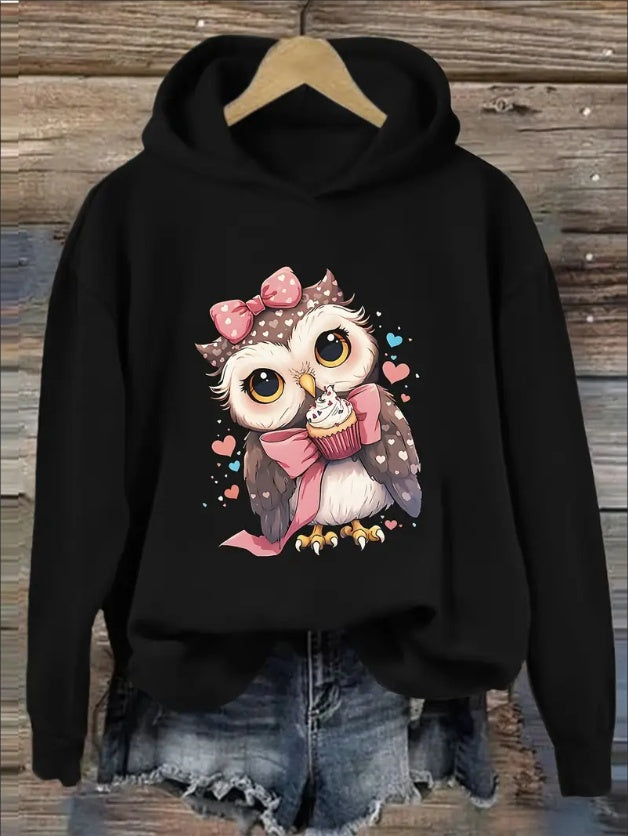 Women'S Casual Polyester Hoodie With Cartoon Owl Print - Rib-Knit Hooded Sweatshirt With Alphabet & Animal Patterns