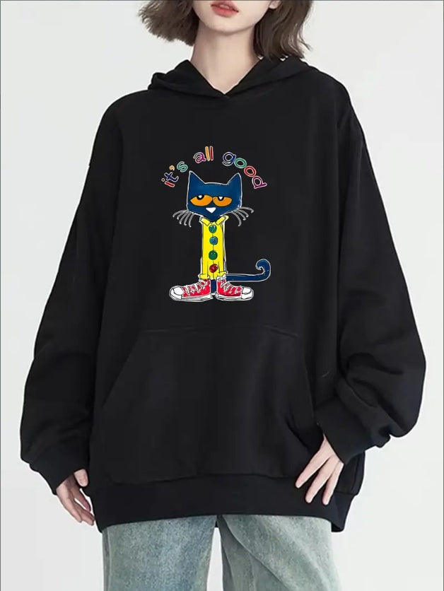 Women's Cute Cartoon Cat Print Hoodie - Casual Long Sleeve With Pockets, Cozy Knit Pullover For Fall & Winter