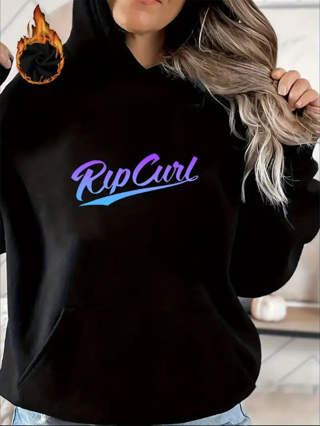 RipCurl Graphic Hoodie With Kangaroo Pocket - Casual Long Sleeve Hooded Sweatshirt For Women, All-Season Printed Design