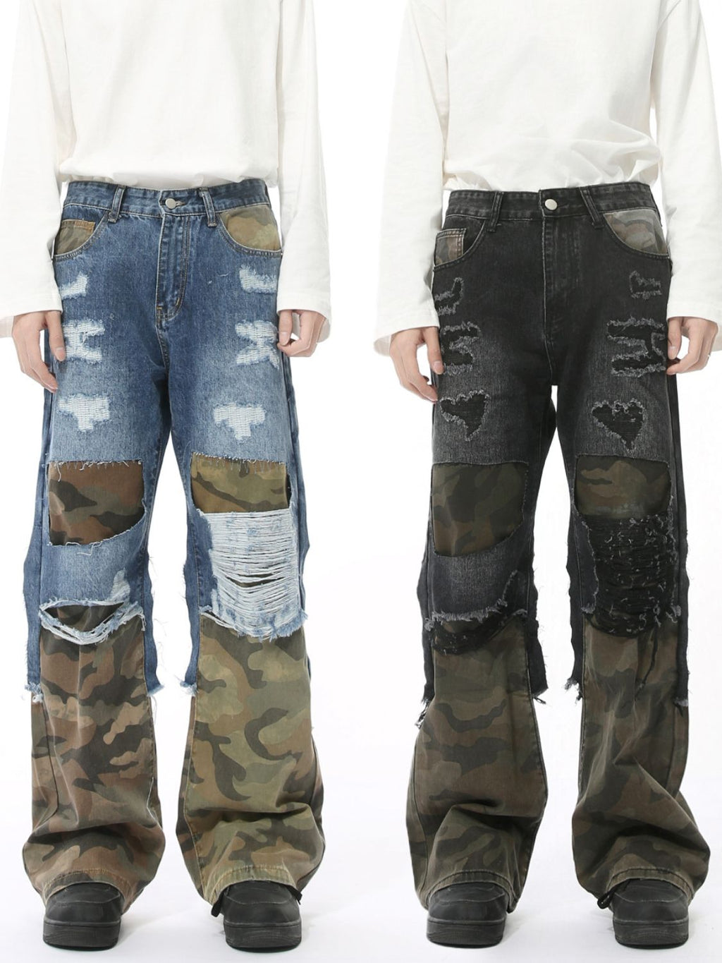 Distressed Camouflage Patchwork Jeans