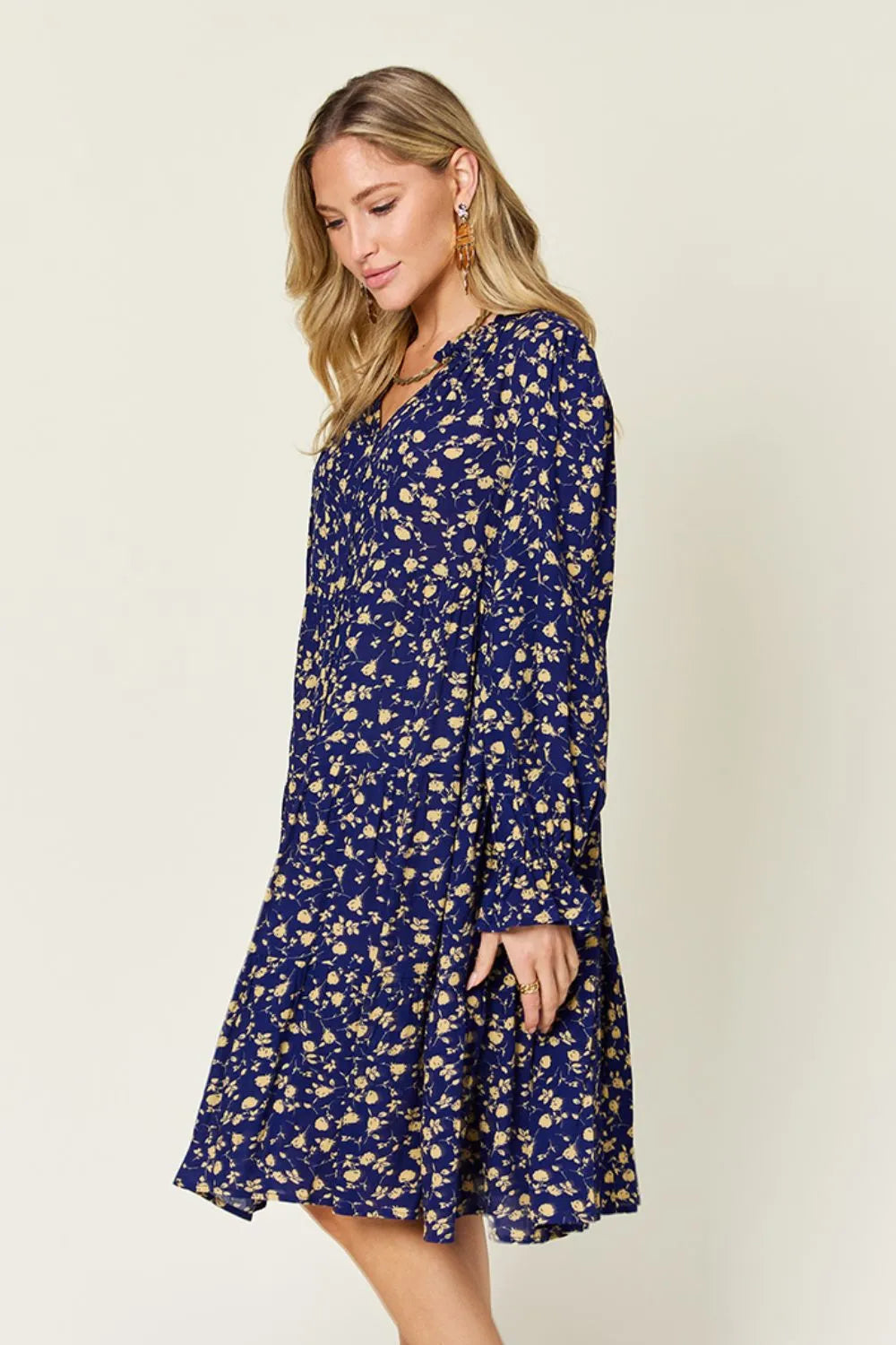 Double Take Full Size Printed Ruffle Hem Long Sleeve Tiered Dress