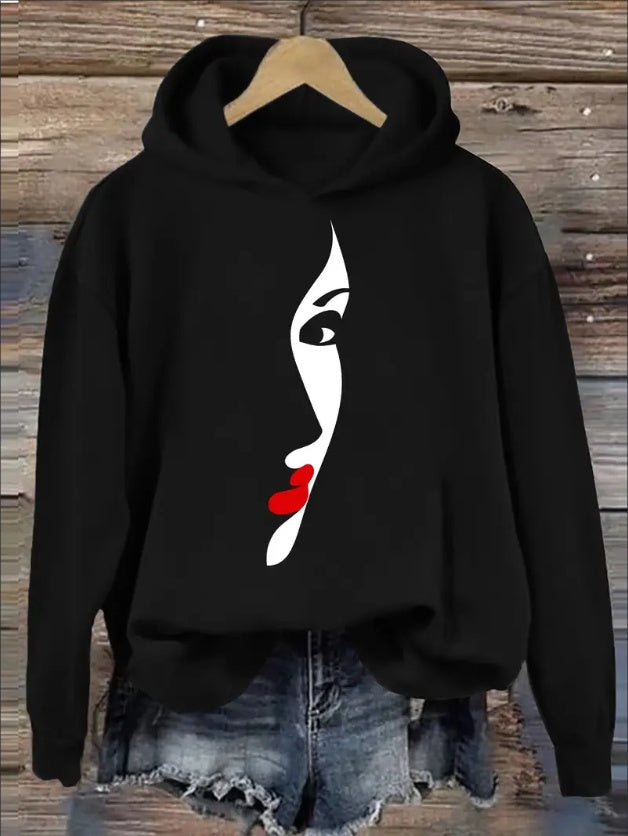 Women's Casual Black Hoodie With Artistic Face Print - Cozy Fall & Winter Pullover Sweatshirt, Polyester Knit, Machine Washable