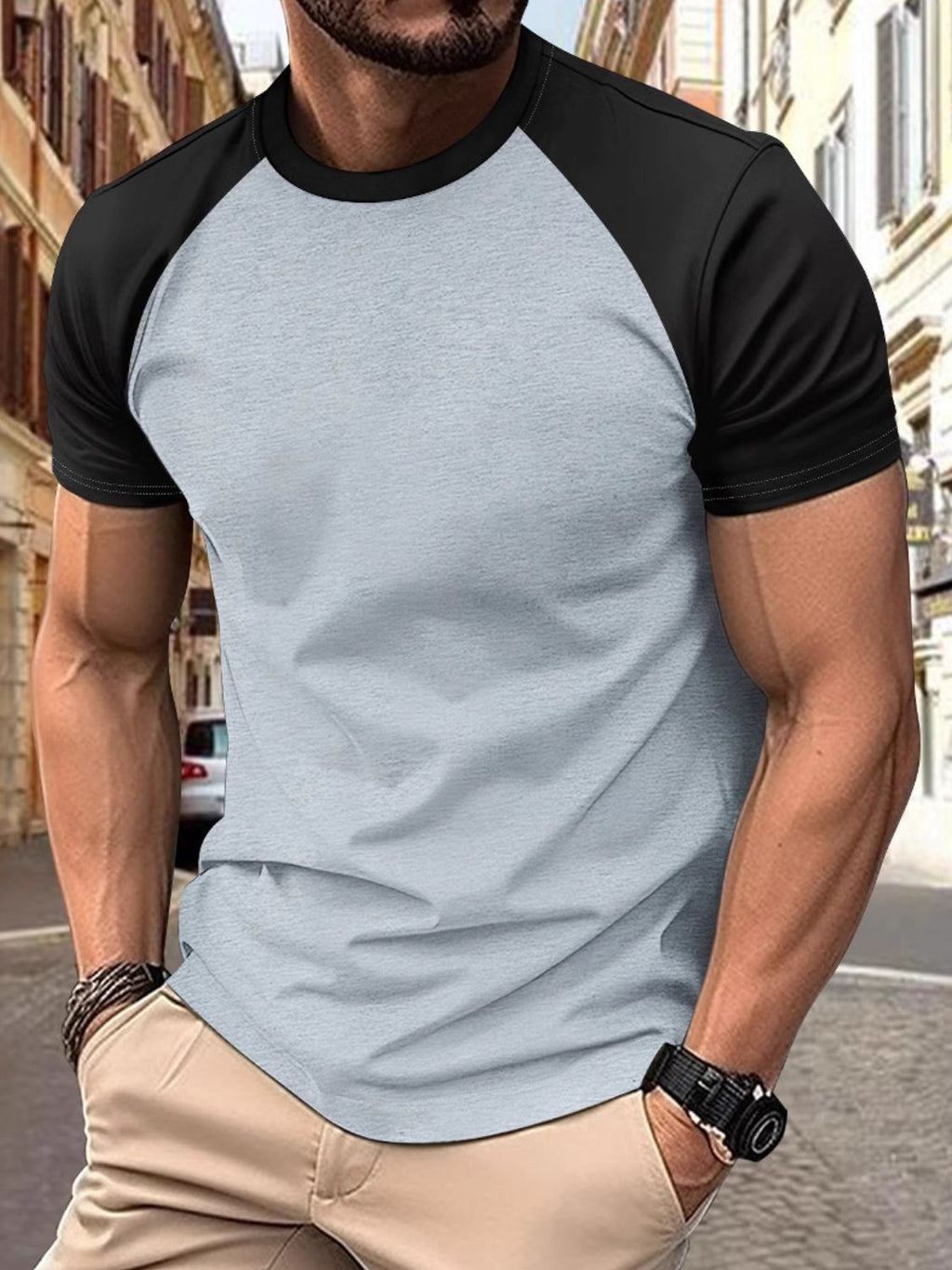 Men's Full Size Round Neck Contrast T-Shirt Plus Size