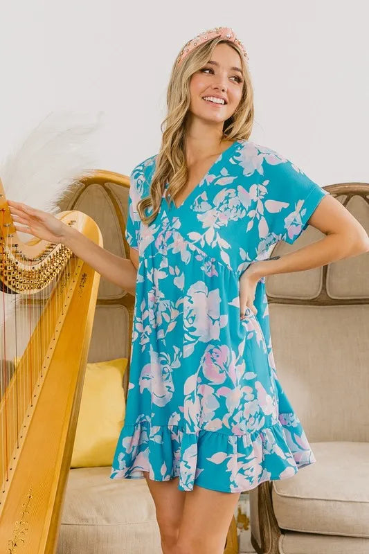 BiBi Floral Crinkle Shirred Ruffle Detail V Neck Dress