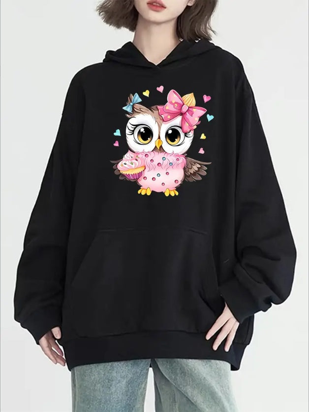 Women's Cute Owl Print Hoodie With Kangaroo Pocket - Casual Long Sleeve Pullover, Machine Washable