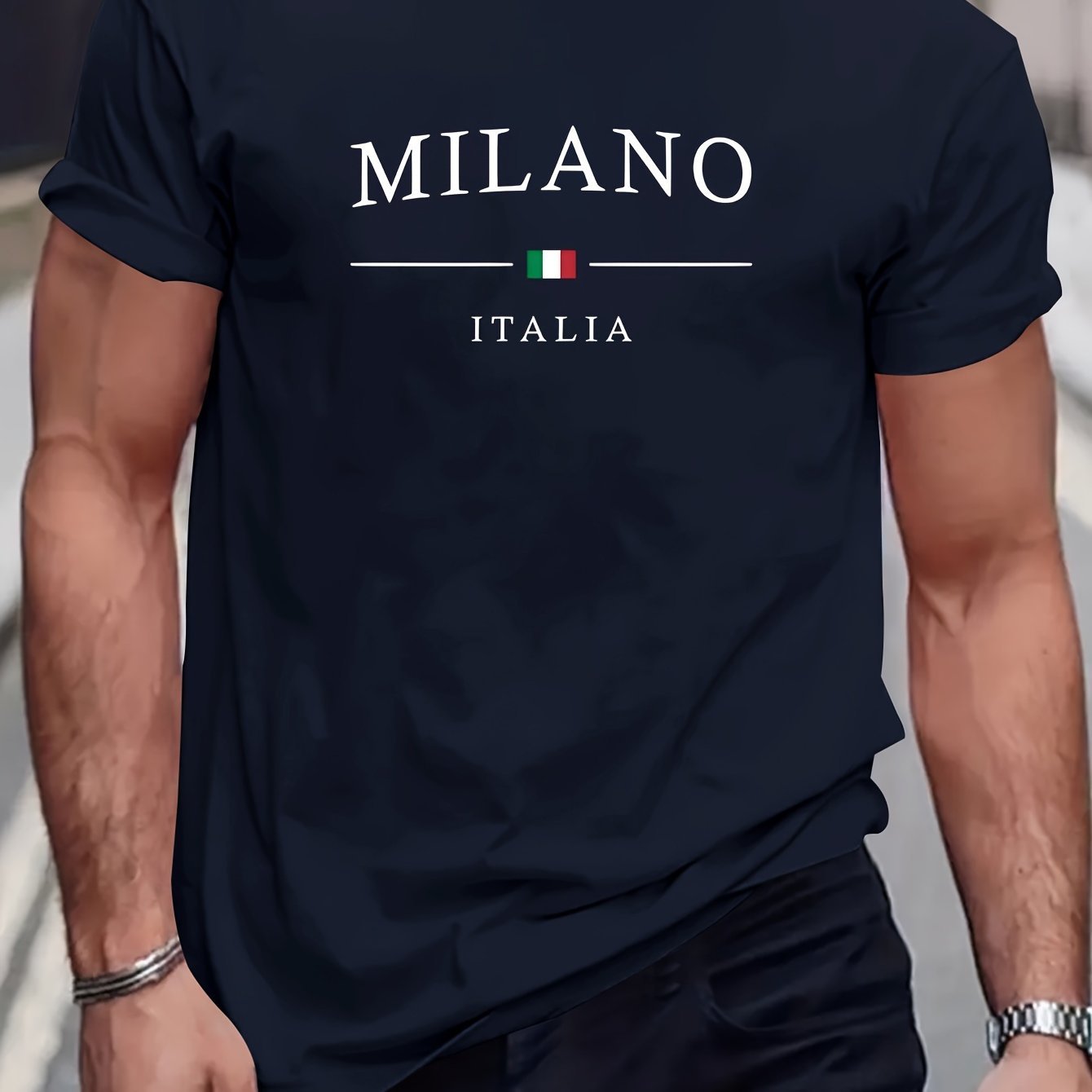 Milano Patterned Printed Men's T-shirt, Comfortable And Elastic Round Neck T-shirt, Perfect For Summer Outdoor Activities, Fashionable Streetwear, Men's Casual Tops