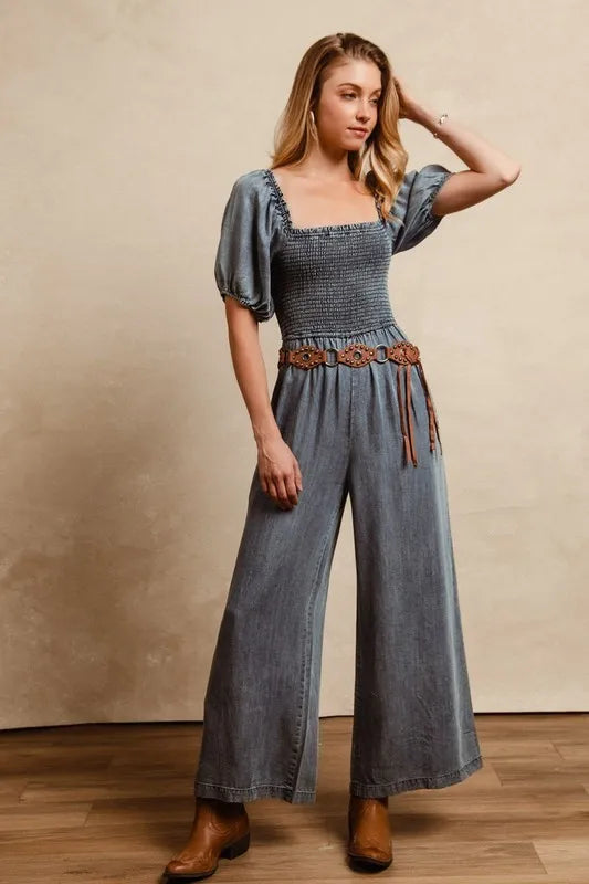 BiBi Smocked Washed Puff Sleeve Square Neck Denim Jumpsuit