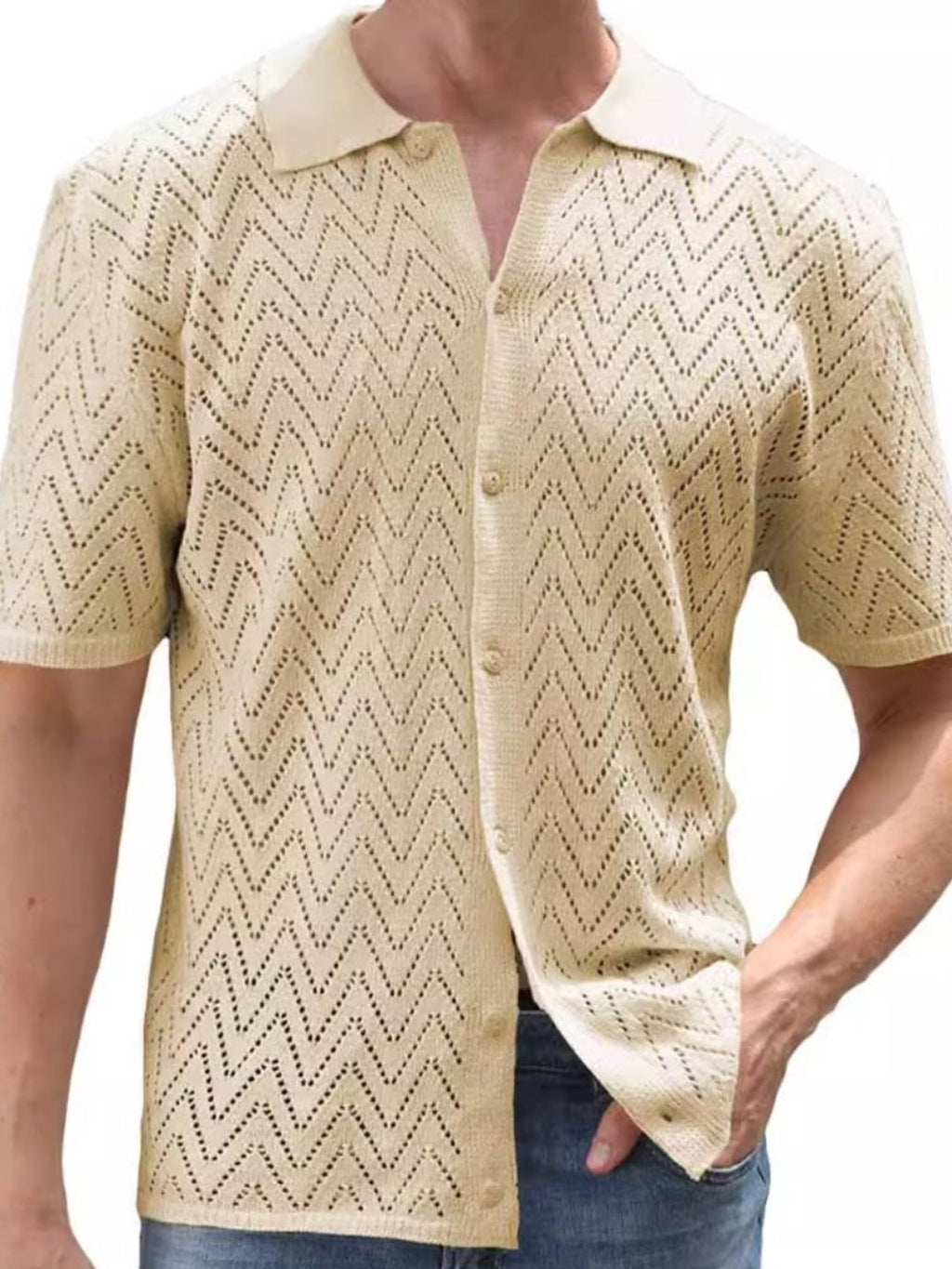 Men's Full Size Openwork Button Down Short Sleeve Shirt Plus Size