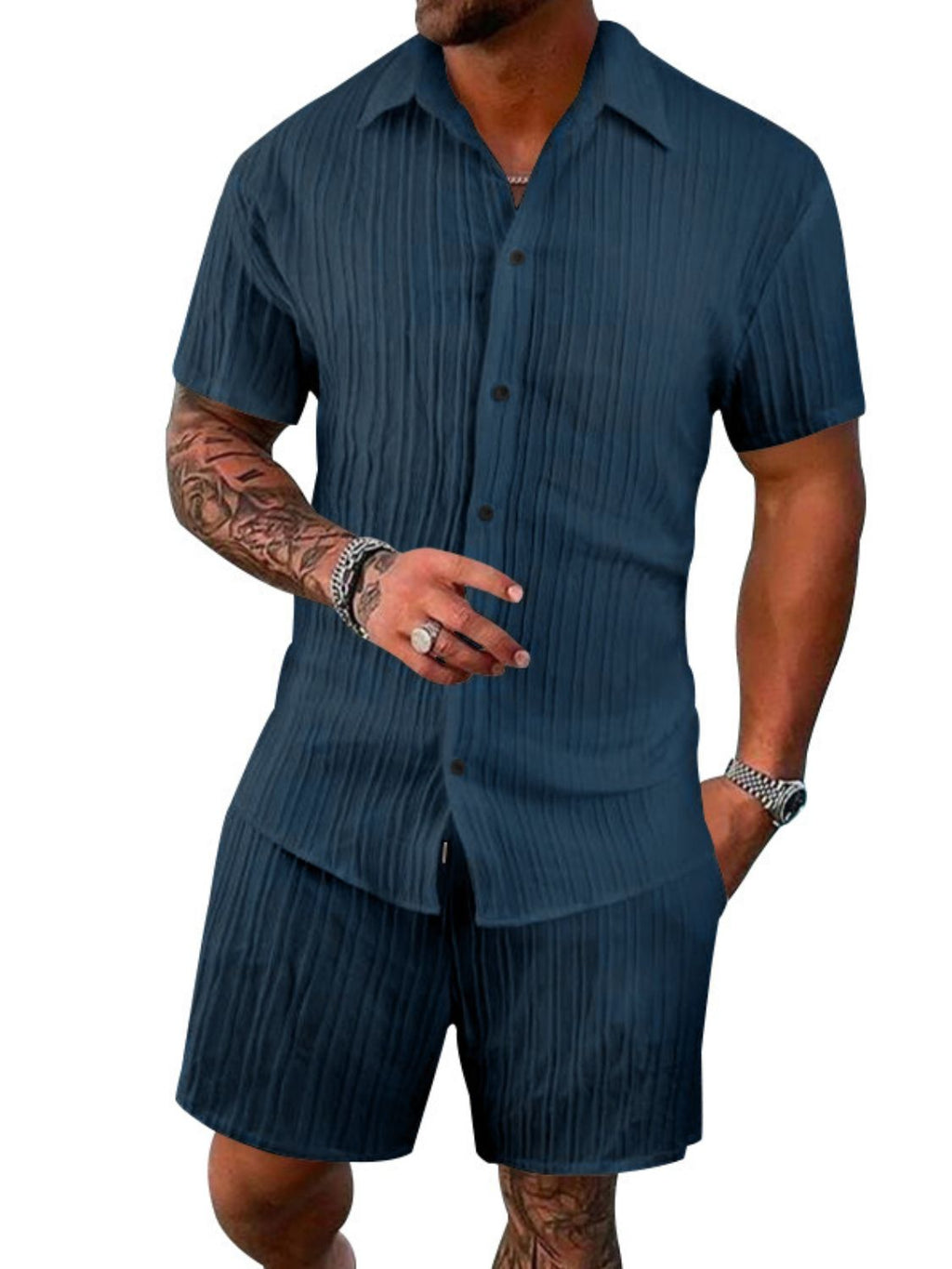 Men's Full Size Button Down Short Sleeve Shirt and Shorts Set Plus Size