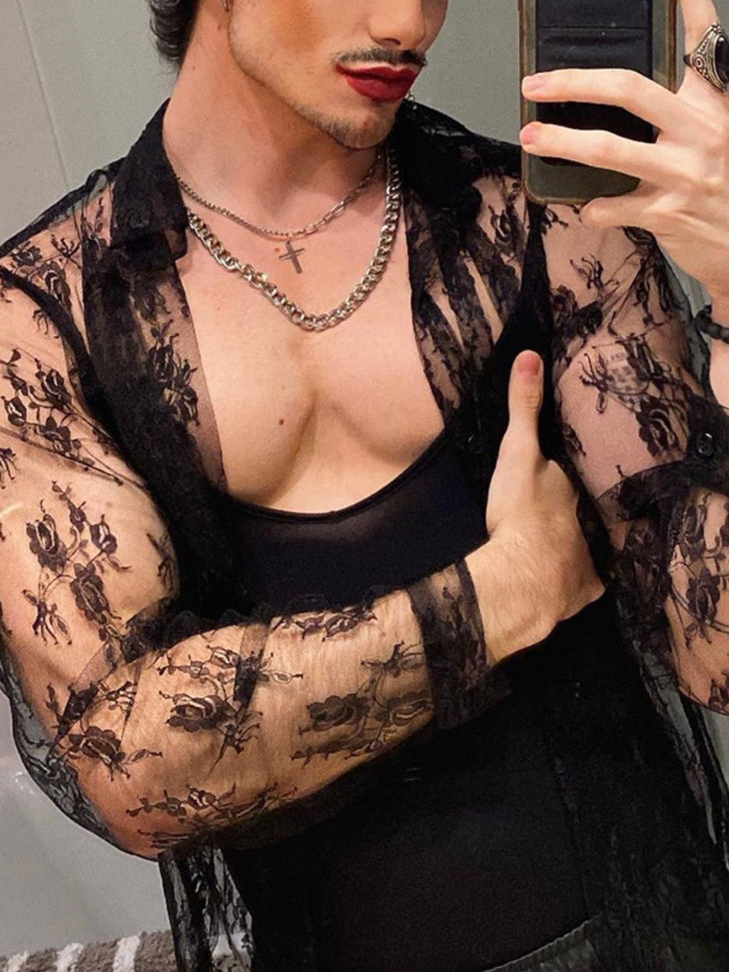 Men's Full Size Lace Long Sleeve Sheer Shirt Plus Size