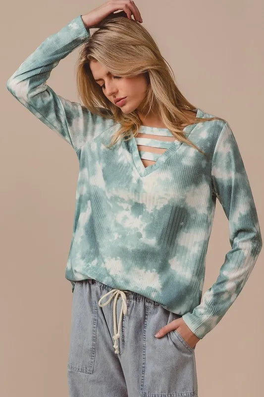 BiBi Variegated Tie Dye Rib V-Neck Top with Strapped