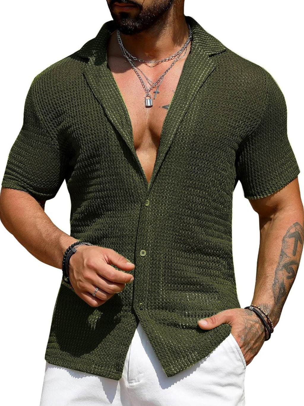 Men's Full Size Openwork Button Down Short Sleeve Shirt Plus Size