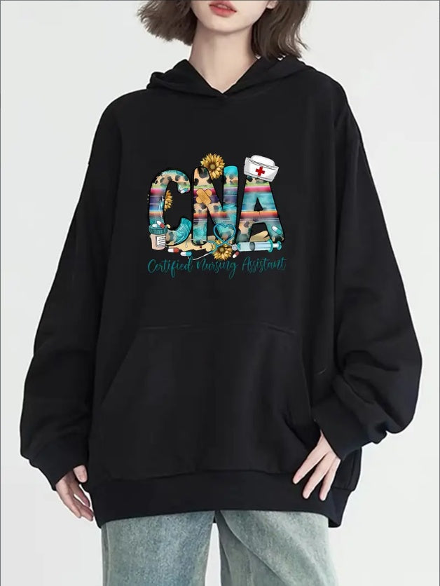 Women's Stylish Medical Logo Print Hoodie - Long Sleeve, Round Neck With Pockets, Casual Pullover For Fall & Winter
