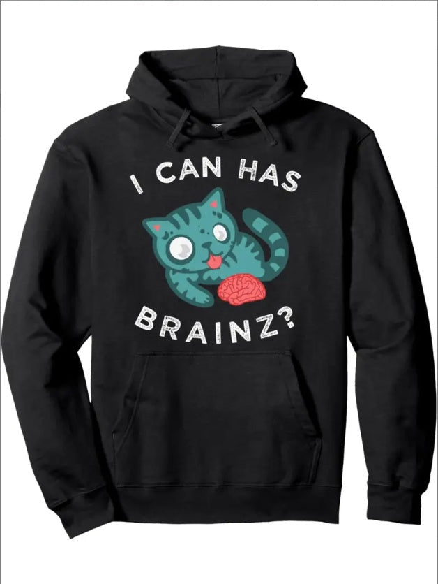 Cat Hoodie, Brain Graphic Kitten Hooded Pullover