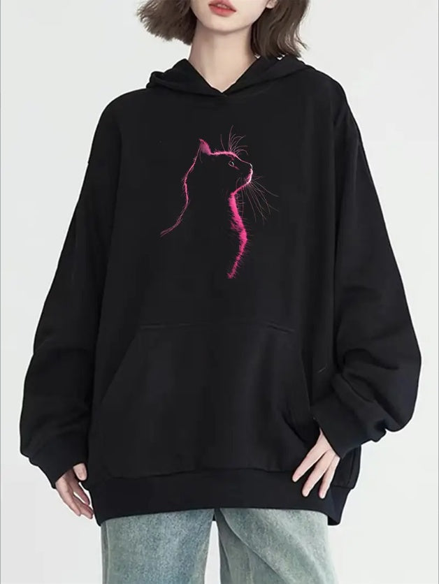 Women's Casual Hoodie With Kangaroo Pocket Featuring Creative Cat Graphic,Long Sleeve Hooded Sweatshirt For All Seasons