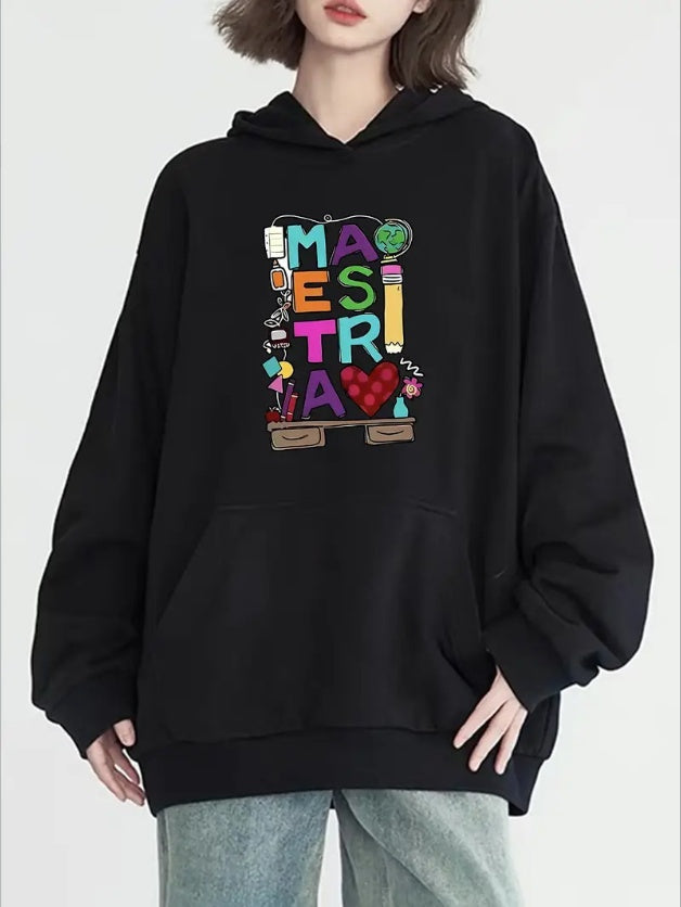 Plus Size Women's Casual Hoodie With Colorful AI Letter Print - Long Sleeve, Round Neck, Pocketed,  Machine Washable - Perfect For Fall & Winter