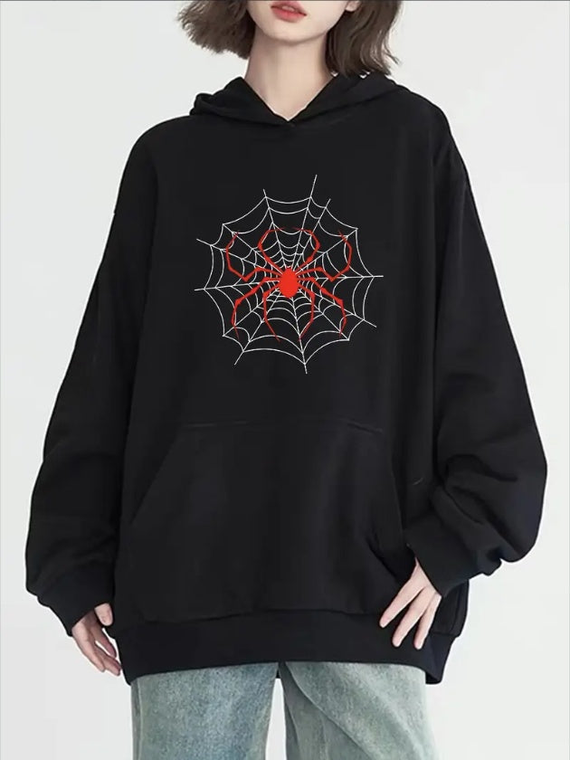 Women's Chic Spider Web Print Hoodie - Casual Long Sleeve With Pockets, Cozy  Pullover For Fall & Winter