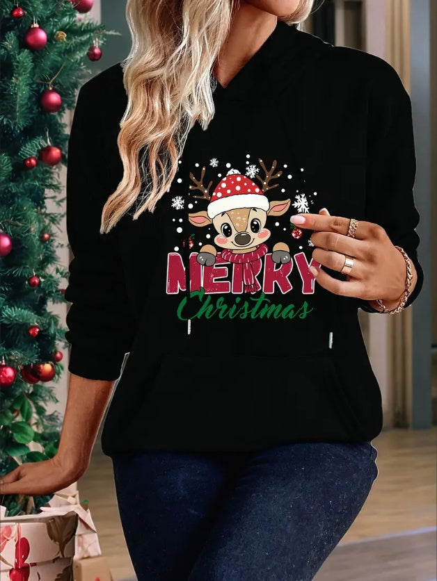 Women'S Christmas Reindeer Print Hoodie - Casual Polyester Long Sleeve Pullover With Pocket, Knit Fabric Hooded Sweatshirt, Loose Fit Fashion Top