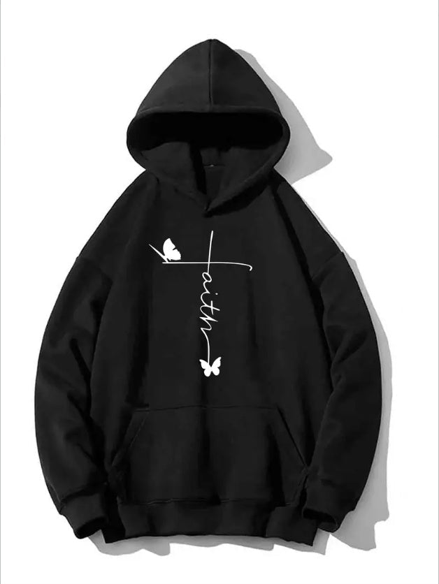 Women's Butterfly Letter Graphic Print Hooded Long Sleeve Comfy Loose Fit Workout Sports Hoodie With Kangaroo Pocket