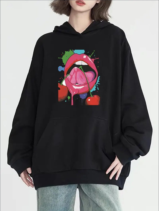 Lips And Cherries Graphic Hoodie A Fashionable Fall And Winter Essential