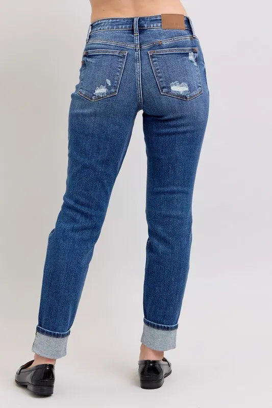 Judy Blue Full Size Mid Rise Boyfriend destroy Jeans with Yoke Pockets and Faux Selvedge Cuff Plus Size