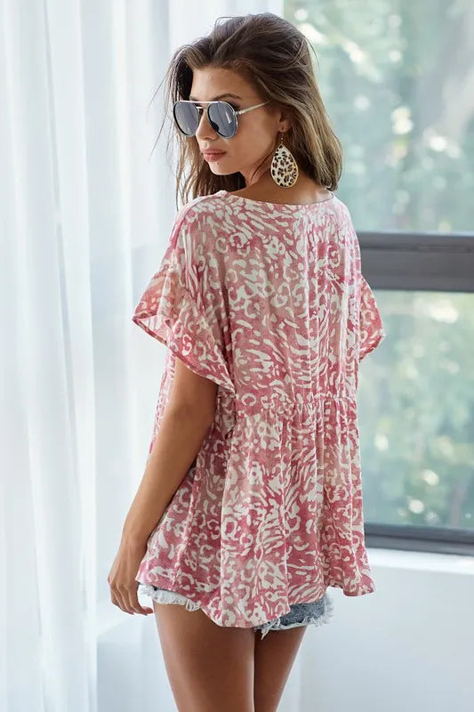 BiBi Leopard Print Gauze Woven Flutter Sleeve Blouse