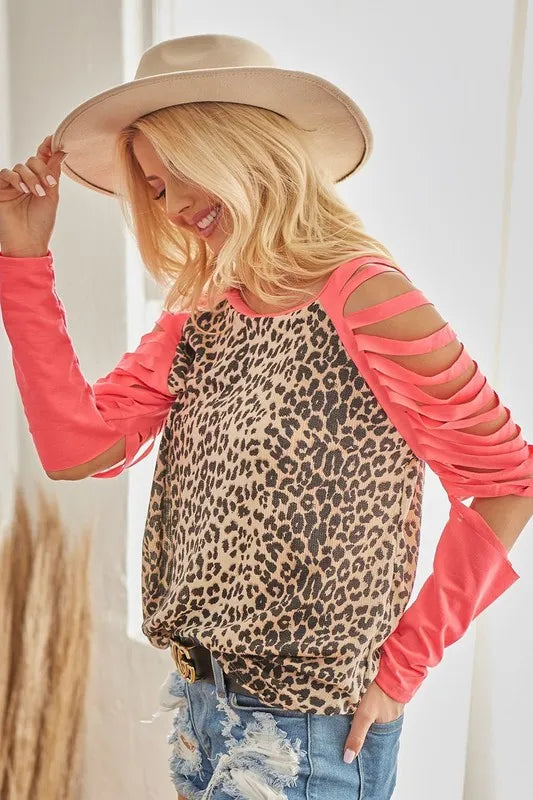 BiBi Leopard Thermal Top with Tie Dye Laser Cut Sleeves