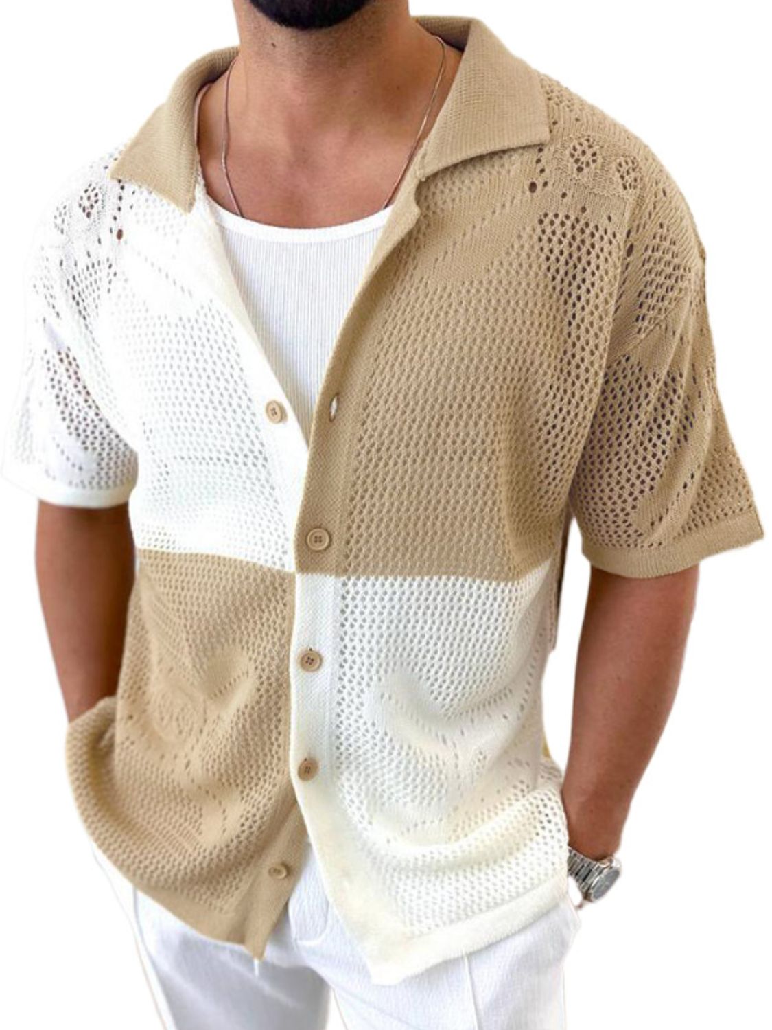 Men's Contrast Button Down Hollow Out Shirt