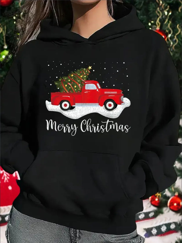 Women'S Casual Christmas Red Truck Hoodie,  With Patchwork Detail, Festive Merry Christmas Print, Hooded Sweatshirt For Spring Autumn