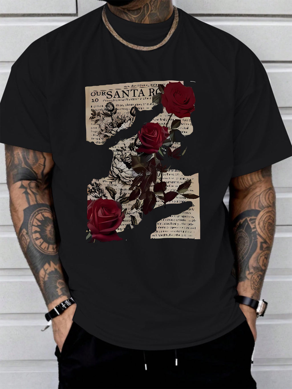 Rose Print Comfortable Soft T-shirt, Men's T-shirt, Summer Casual Short Sleeved T-shirt