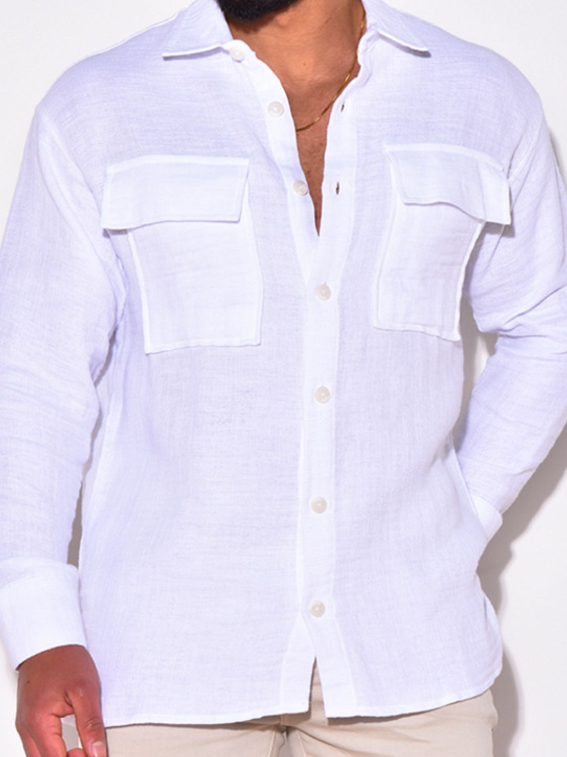 Men's Full Size Collared Neck Long Sleeve Shirt with Chest Pockets Plus Size