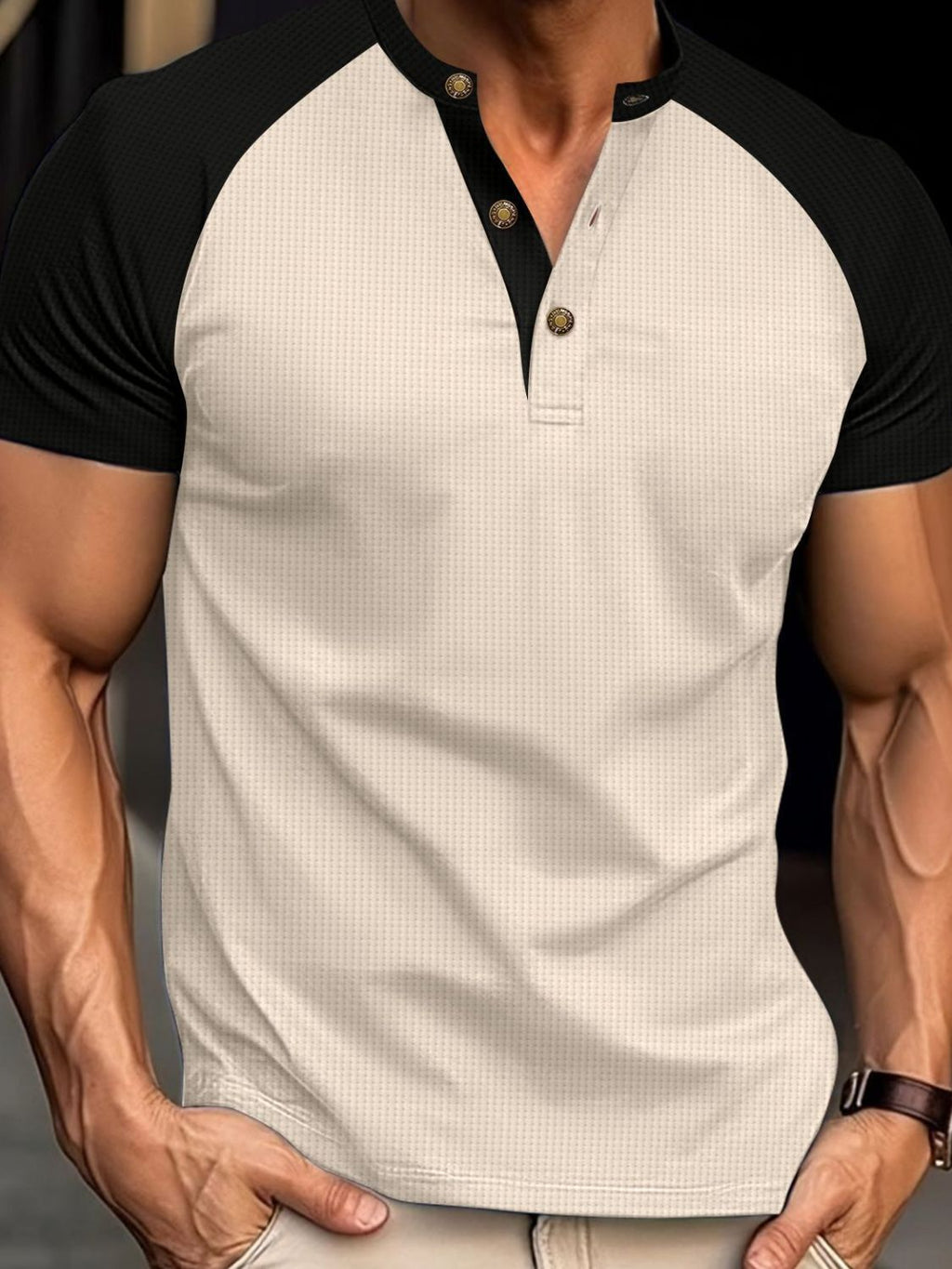 Men's Full Size Waffle-Knit Round Neck Contrast Polo Plus Size