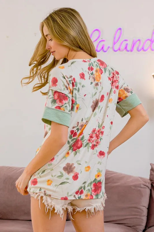 BiBi Floral Button Detail Round Neck Short Sleeve Terry T-Shirt