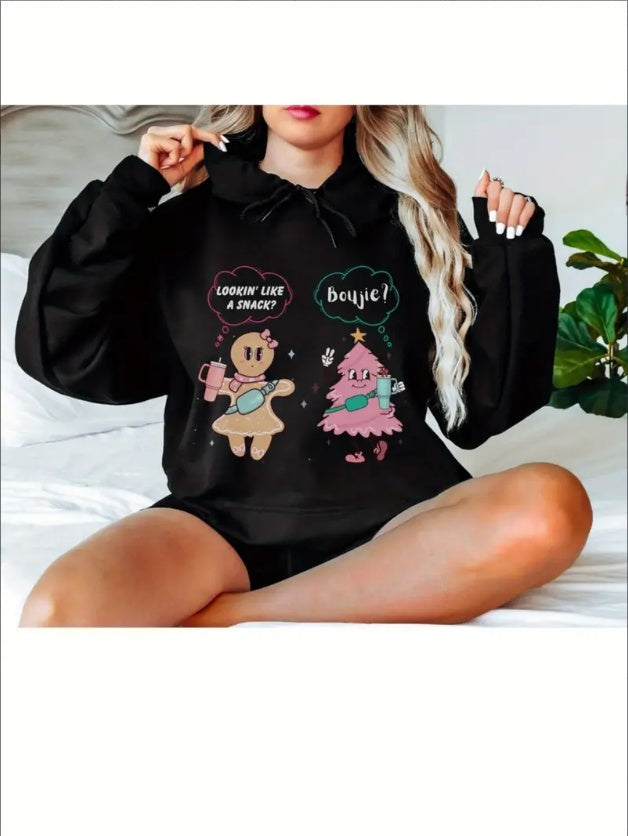 Out Here Lookin Like A Snack Print Kangaroo Pocket Hoodie, Casual Long Sleeve Hooded Sweatshirt, Women's Clothing