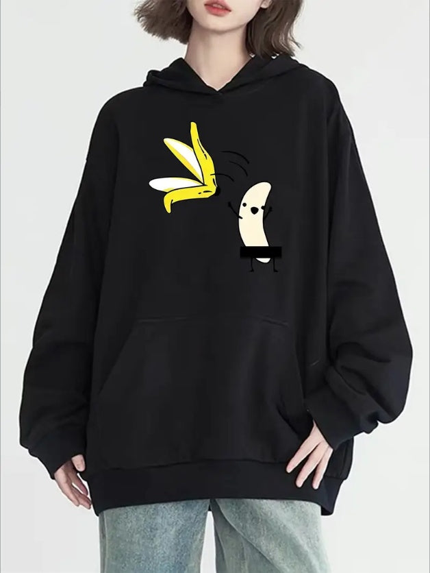 Women's Casual Banana Print Hoodie With Kangaroo Pocket - Long Sleeve, Machine Washable