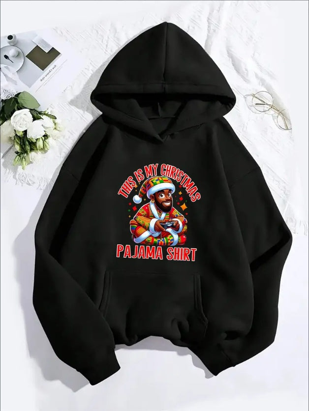 Christmas Pajama Print Hoodie For Women, Casual Long Sleeve Pullover With Kangaroo Pocket,  Machine Washable, All-Season Hooded Sweatshirt