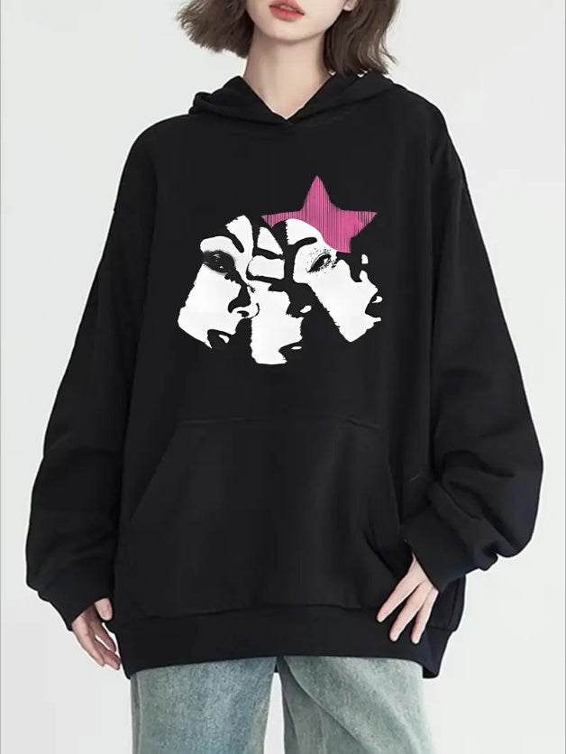 Women'S Casual Printed Long Sleeve Hoodie With Kangaroo Pocket, All-Season Fashion, Sportswear, Outdoor Apparel