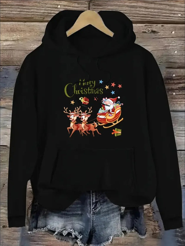 Women'S Christmas Themed Casual Hoodie With Reindeer And Santa Print,Hooded Collar With Drawstring, All-Season Comfort, Festive Pocket Top