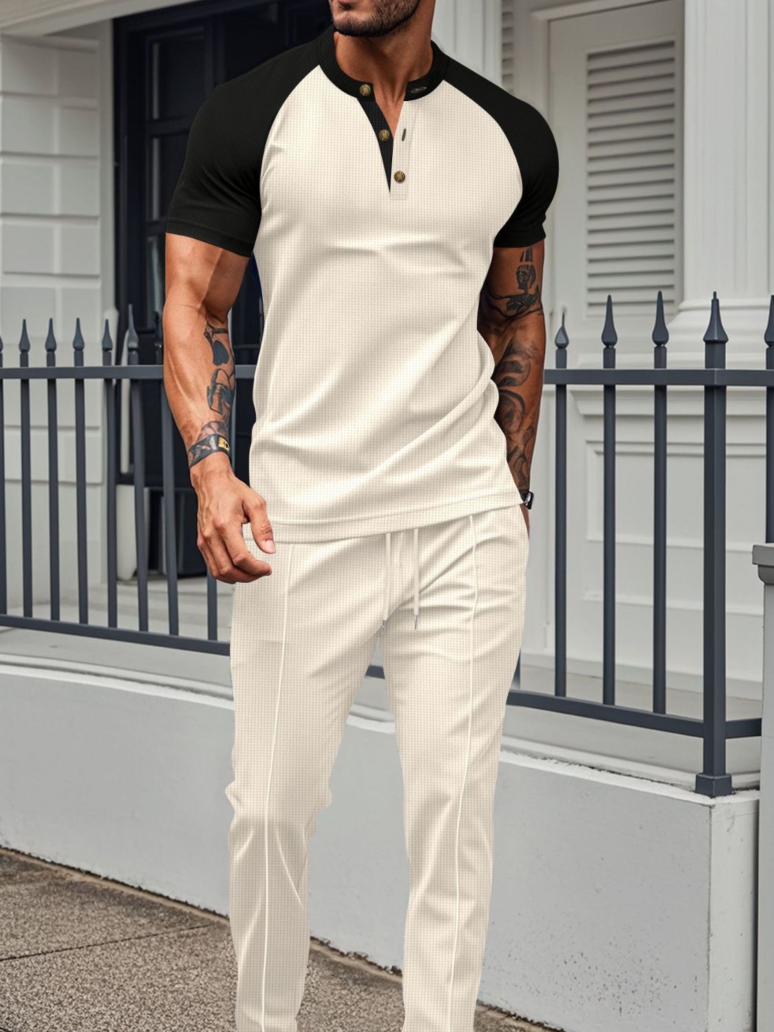 Men's Full Size Waffle-Knit Contrast Top and Drawstring Pants Set Plus Size